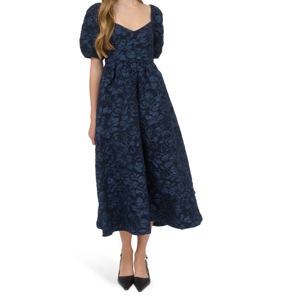 Black Puff-Sleeve Midi Dress with Textured Floral Jacquard